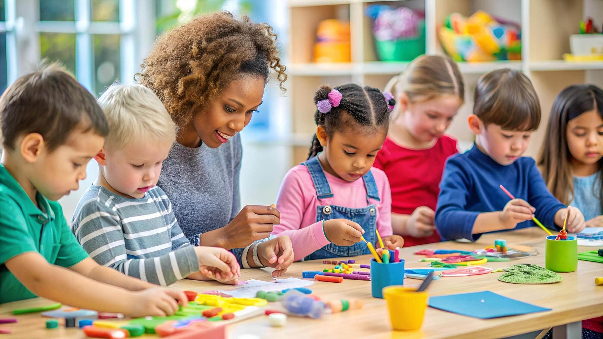 A teacher helping children with a classroom art activity