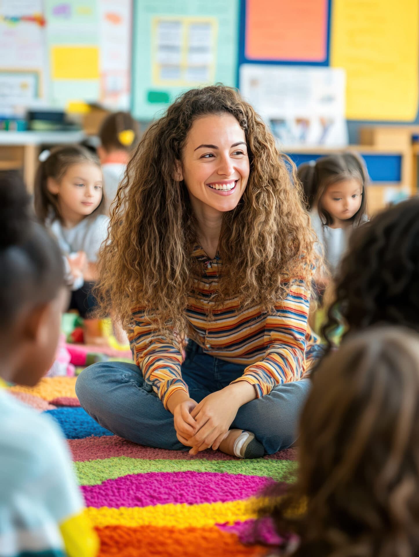 A Creative Playrooms teacher sitting with her students