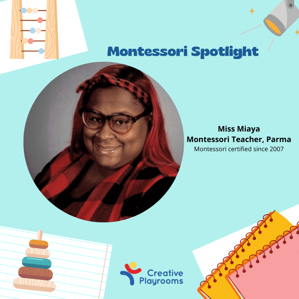 picture of woman on blue background with bead toys, notebooks, and ring toys decorating the graphic. Dark blue text reads Montessori Highlight. Black text reads Meet Miss Miaya, Montessori Teacher, Parma. Montessori certified since 2007